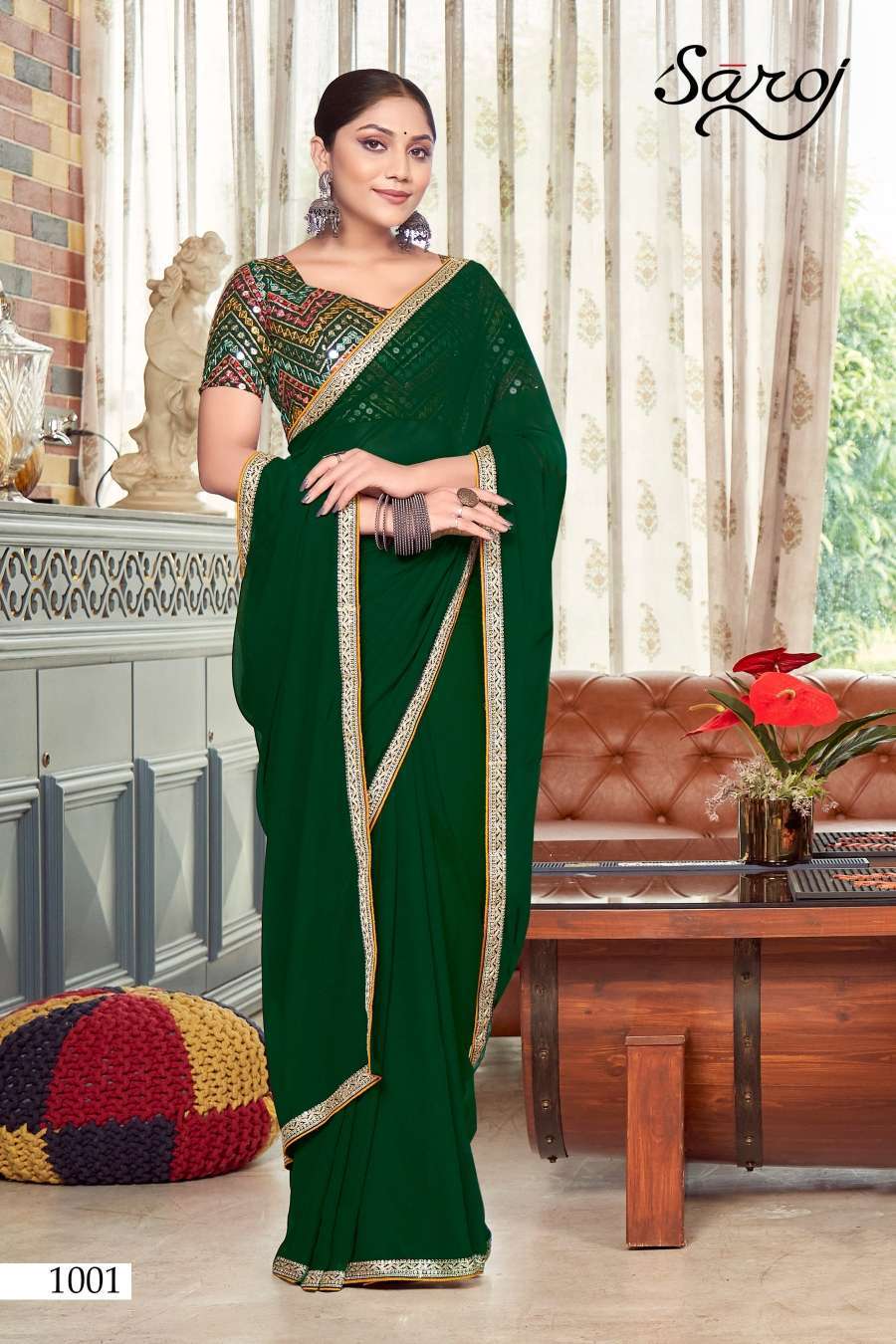 Vishal Prints Deep Sea Green Designer Georgette Saree With Embroidery