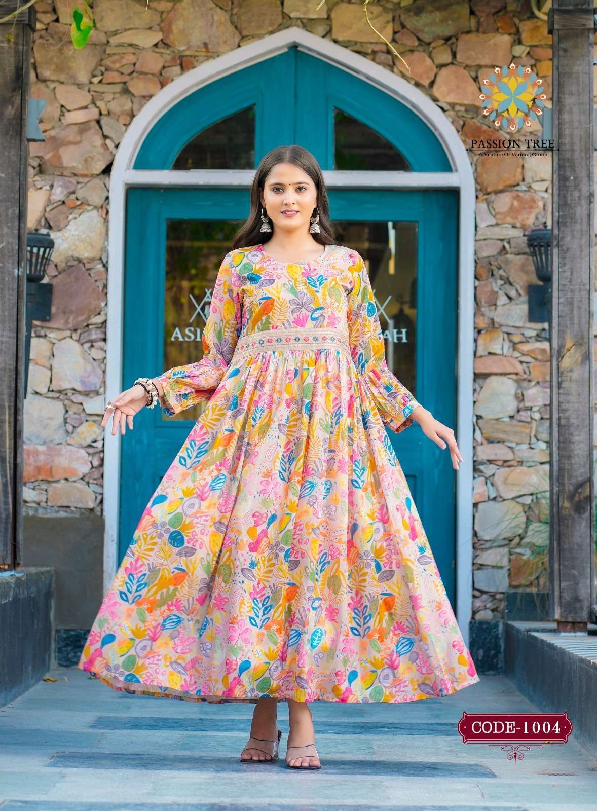 Exquisite Peach Floral Nayra Cut Kurti with Fancy Puff Sleev