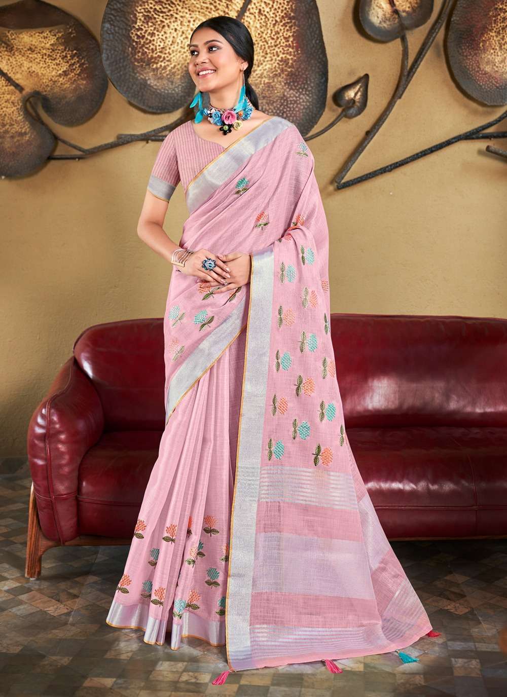 BUNAWAT LILAN STYLE Linen saree Embroidery Work and Tassels on Pallu saree  in multicolors.