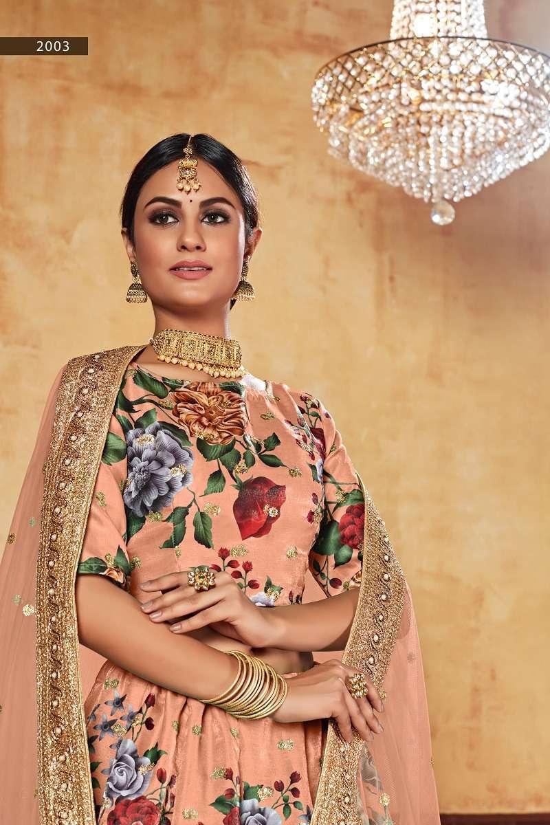 Lishvaa Vol-1 Orange Wedding Season Special Flower Printed Lehnaga Choli Wholesale collection in india