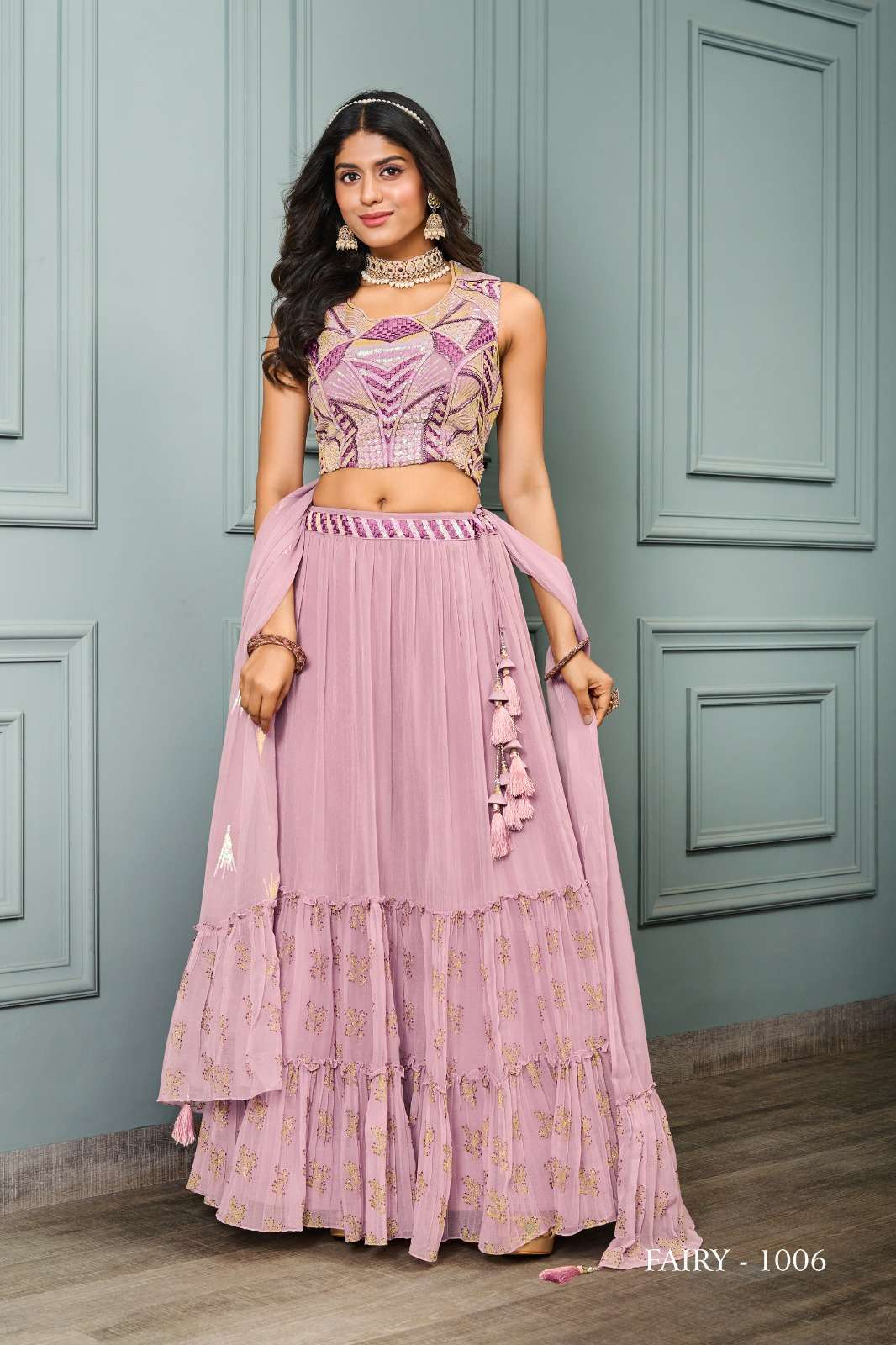 Blooming Light Pink Colour Silk Base Crop Top Style Designer Lehenga Choli  – Kaleendi