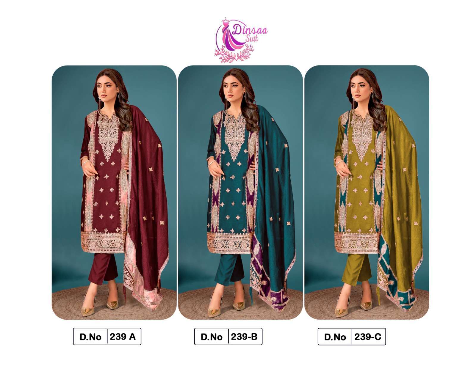 Dinsaa 239 Chinnon Silk Embroidery Surat Pakistani churidar suits