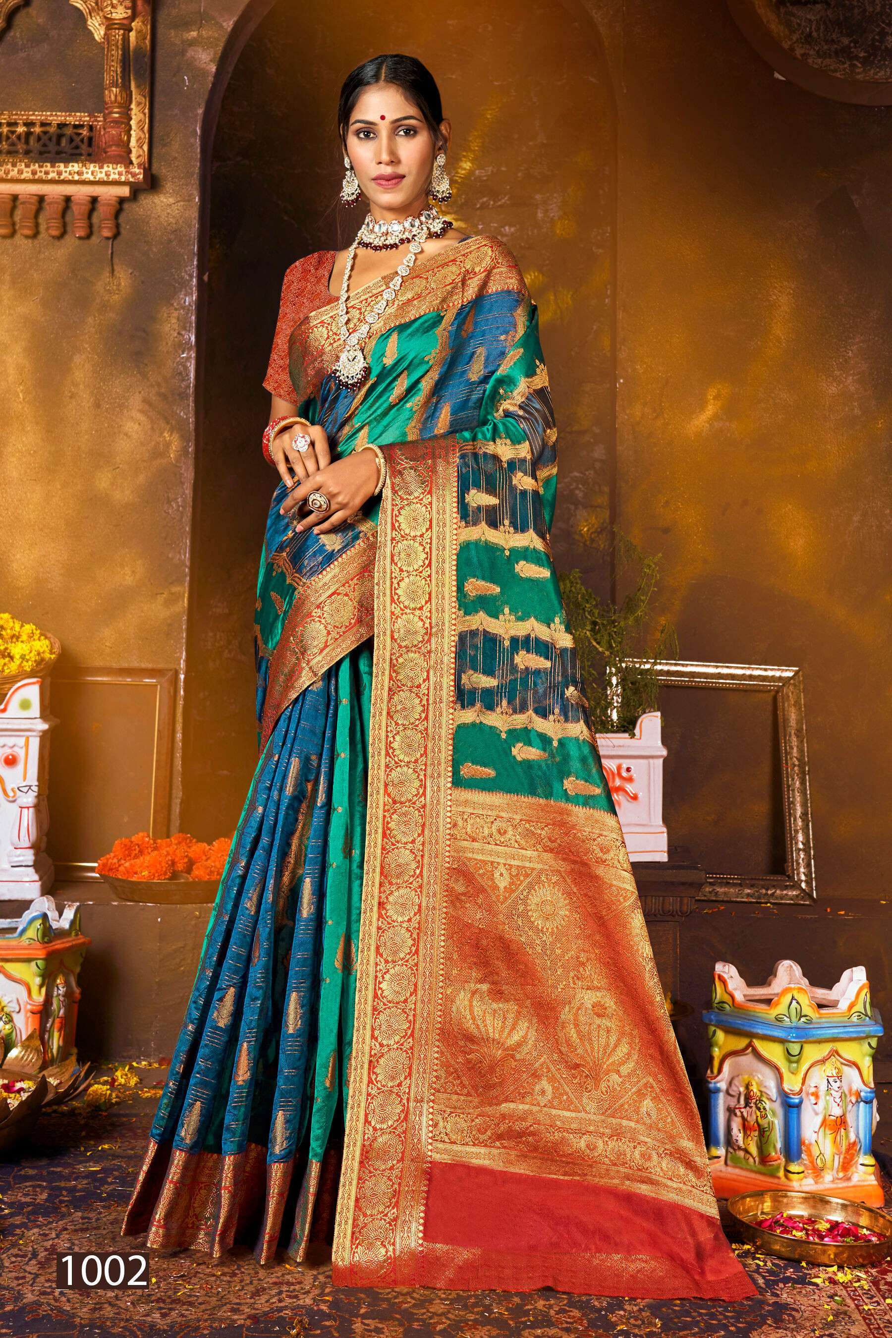 Digital Printed Chiffon Brasso Saree in Turquoise : SSF21096