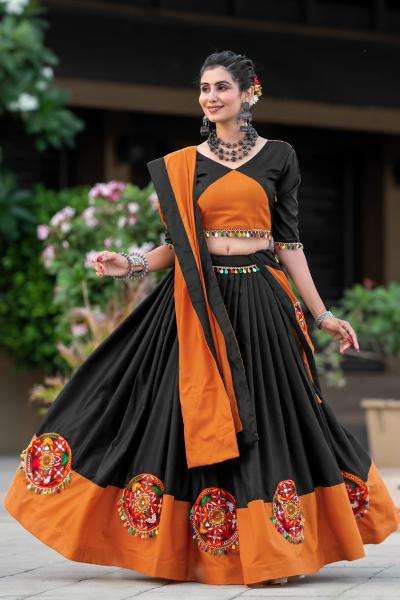 Aawiya 7066 C Orange - Black Cotton Lehenga Choli Wholesale price list