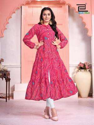 Blue Hills Bandhej Long Flair Gown Kurti wholesale suppliers