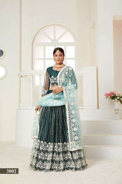 Amrita Vol 1 3002 GREEN NET MULTI AND SEQUENCE WORK lehenga Choli wholesalers in Surat