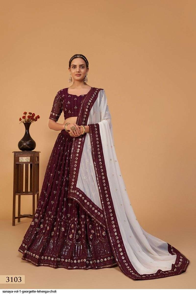 SANAYA VOL 1 Plum 3103 GEORGETTE LEHENGA CHOLIwholesale online