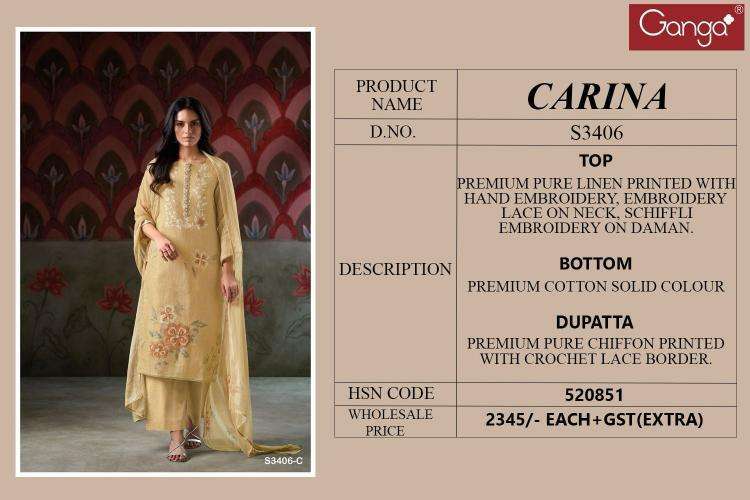 Ganga Carina 3406 Pakistani party wear suits wholesale